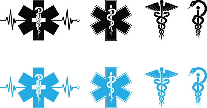Medical symbolism star of life and caduceus icons in silhouette and vibrant color