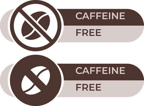 Caffeine free labels with coffee bean icons, decaf beverage product badges, brown and beige dietary symbols for food packaging design