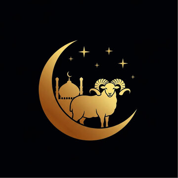 Eid Al Adha Mubarak Golden Ram with Crescent Moon and Mosque Vector