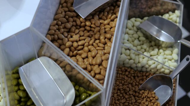 Colorful selection of sugar coated and chocolate covered nuts displayed in clear bulk bins with metal scoops at a candy store, offering a tempting variety of sweet, crunchy treats