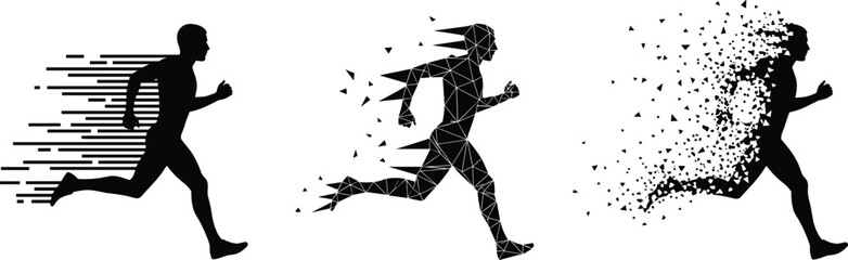Running man silhouettes with speed lines, polygonal mesh, and particle dispersion effects, minimalist black vector collection for motion, technology, and energy concepts © Mukti
