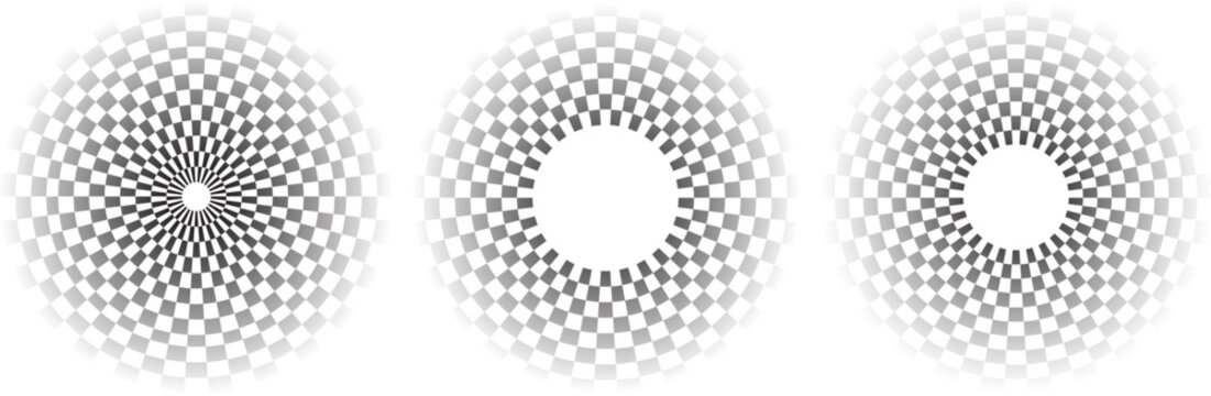 Round frames with black and white checkerboard pattern, set of circular borders featuring race flag or chessboard designs isolated.