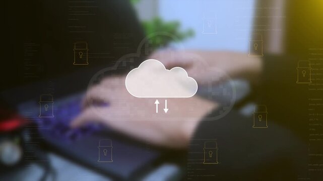 Cloud computing interface, data transfer arrows and security locks, representing cybersecurity, cloud storage, digital network protection technology workflow.