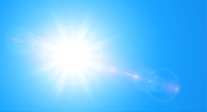 Sunny background, sun with lens flare on blue sky as summer background.