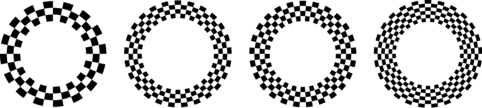 Round frames with black and white checkerboard pattern, set of circular borders featuring race flag or chessboard designs isolated.