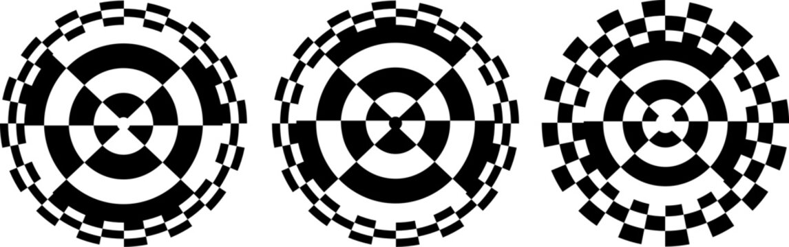 Round abstract symbols with black and white checkerboard pattern, set of circular borders featuring race flag or chessboard designs isolated.