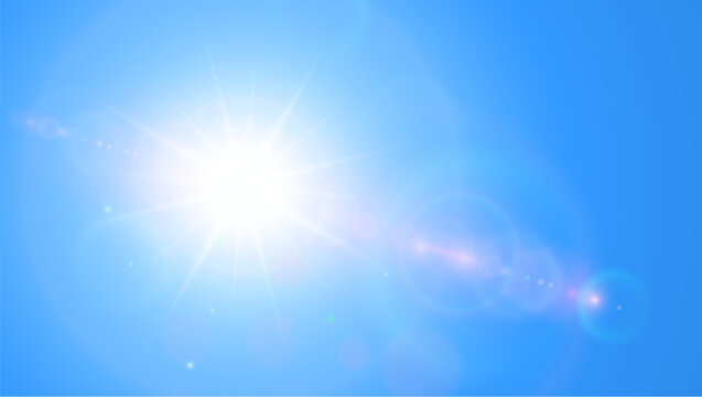 Sunny background, sun with lens flare on blue sky, hot weather concept, summer background illustration.