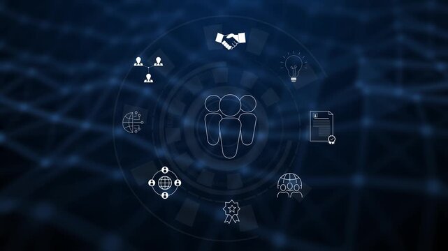 Human resource and team management concept with businessman holding digital team icon, representing employee data system, workforce management, business connection, leadership and talent analytics.