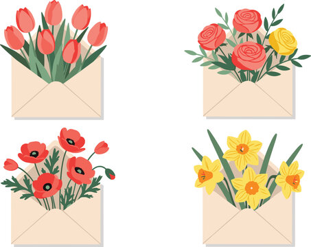 Beautiful Spring Flowers Bouquet in Envelope Set with Tulip Rose Poppy and Daffodil Vector Illustration White Background