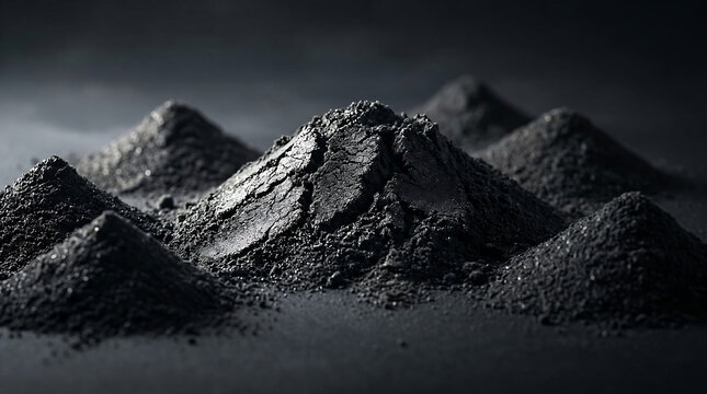 Dramatic close up view of piles of black charcoal or coal dust powder resembling mountains on a dark textured background representing industrial raw material or mineral resources