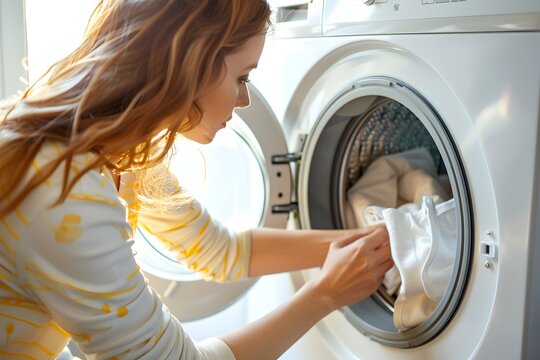 Frau legt W&auml;sche in Waschmaschine in moderner Waschk&uuml;che