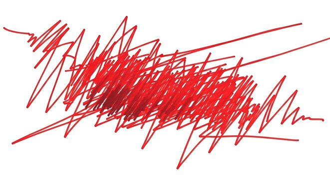 Abstract red scribble on a white background, featuring a chaotic and energetic hand-drawn marker stroke, perfect for adding a dynamic and expressive touch to contemporary designs and creative projects