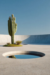 Fototapeta premium Solitary cactus stands prominently in a minimalist open-air plaza featuring smooth light gray concrete and a circular reflective pool under a clear blue sky