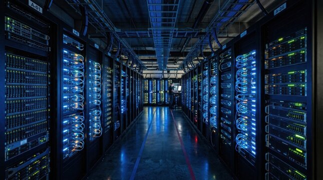 Cinematic view of modern server racks