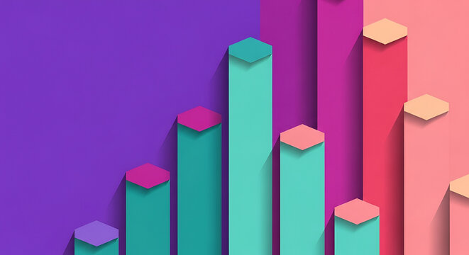 Abstract 3D Bar Chart with Hexagonal Tops in Vibrant Colors.