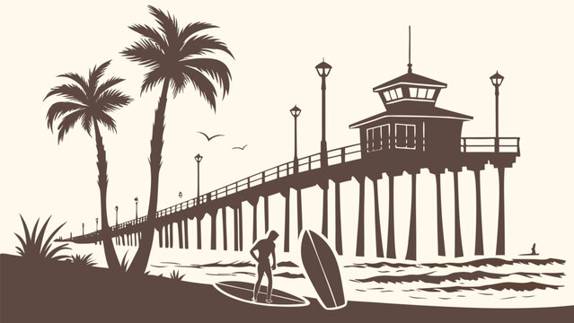 SoCal beach lifestyle vector: Huntington Beach pier and palms