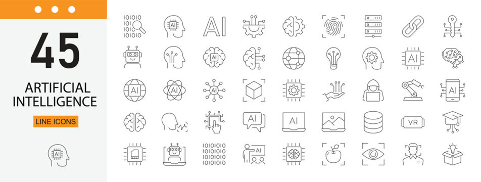 Artificial intelligence icons set representing AI systems, machine learning, automation, data processing and smart technology. Editable Stroke.