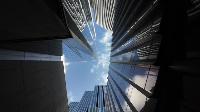Kaleidoscopic view of london's financial district skyscrapers with a jet flying over, representing business growth, corporate success, and global economy