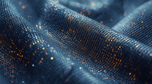Close-up abstract texture of dark blue metallic fabric woven with sparkling orange and gold threads