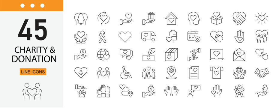 Charity and donation icons set representing giving, support, fundraising, community help and social care. Editable Stroke.