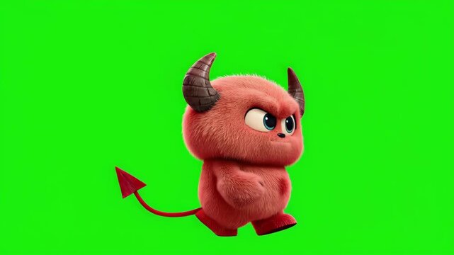 Red devil animation on empty green screen. Funny Dark animation with hellish characters and creature. Cute cartoon nightmare for creepy Halloween. Chroma key