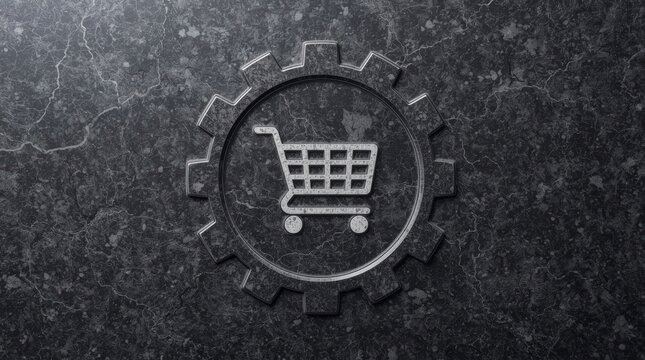 Silver shopping cart icon embossed on dark textured marble stone background representing luxury retail and premium e-commerce business solutions