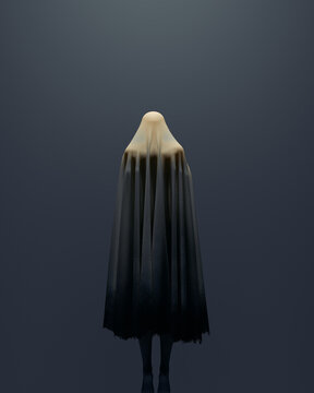 Spooky Halloween Ghost Figure Haunting in Dark Mysterious Shadows 3d illustration