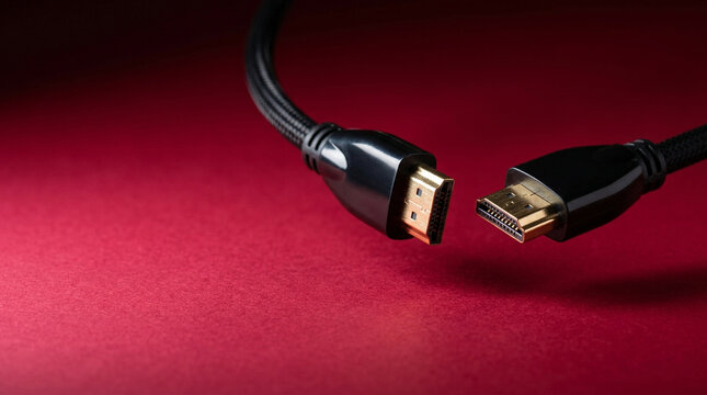 HDMI cable connectors pulled apart disconnected on deep crimson red background, connectivity failure network disruption digital disconnect concept, copy space.