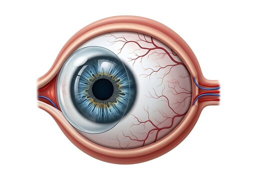 Anatomical illustration of human eye cross section showing retina blood vessels and optic nerve structure