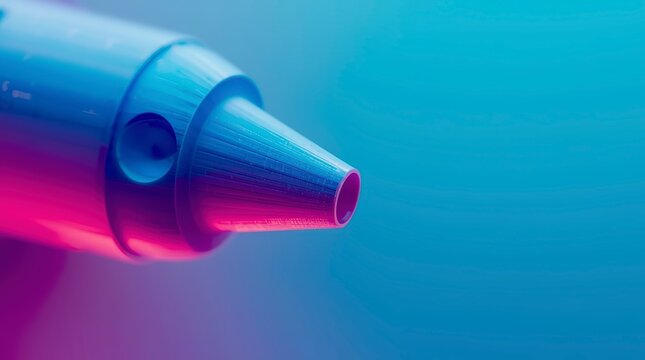 Close up of futuristic pen tip with vibrant blue and magenta neon lighting against smooth gradient dark blue background