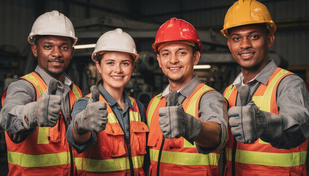 Diverse group of happy construction workers and engineers looking at camera, making thumbs up gesture. Teamwork, success, and positive concept