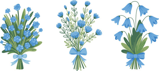 Blue flower bouquets with ribbons, delicate floral arrangements for spring decoration and romantic botanical themes © MdSayed