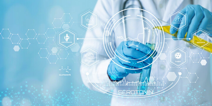 Scientist analyzing serotonin chemical structure with futuristic digital medical technology interface and lab gloves
