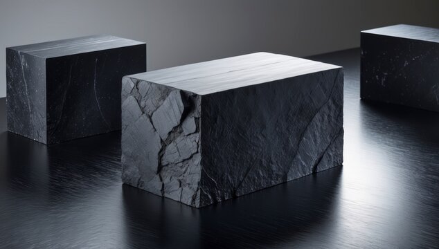 Rough dark stone cubes with cracked texture on a polished black surface