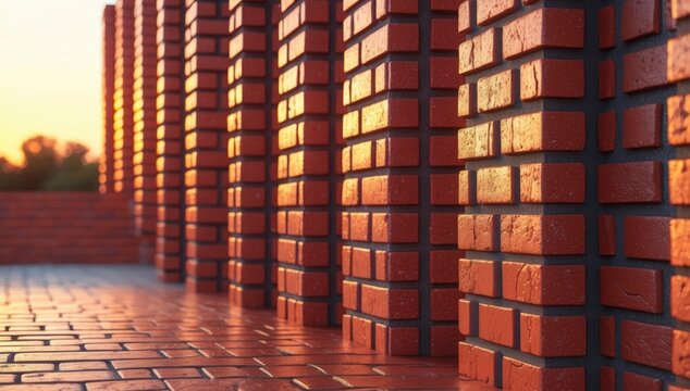 Row of orange brick pillars casting long shadows at sunset on paved ground