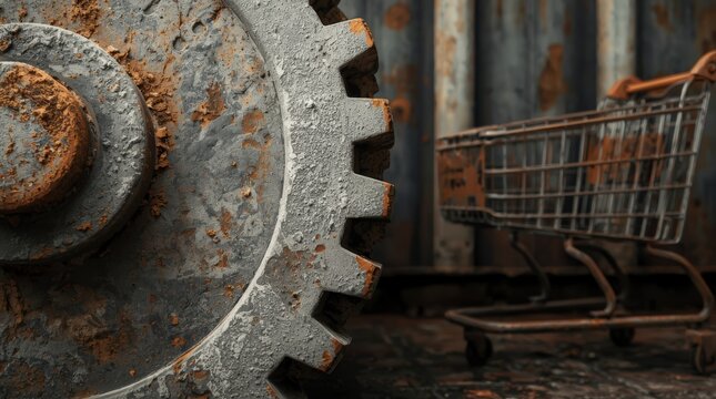 Rusty metal shopping cart abandoned next to large weathered industrial gear and corrugated metal wall representing decay of traditional retail and industrial decline