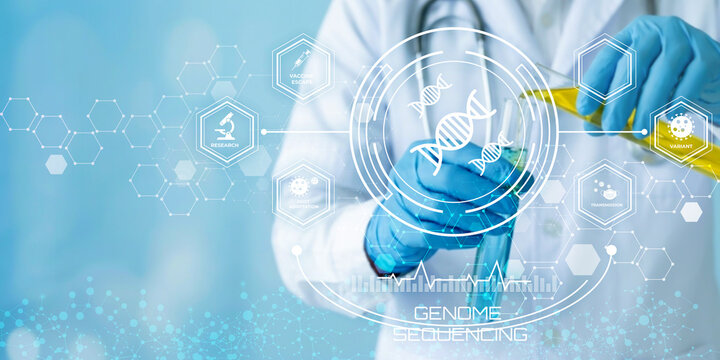 Scientist conducting genome sequencing research with advanced laboratory technology and digital interface