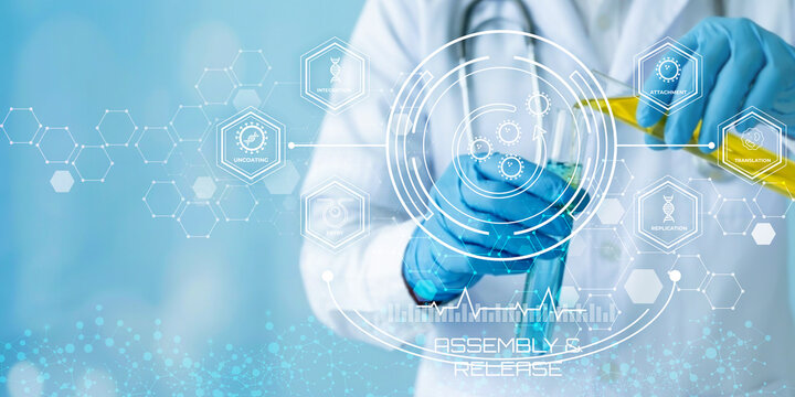 Scientist in lab coat using digital interface for pharmaceutical assembly and release process with futuristic technology icons
