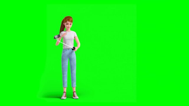 3D Animated Cartoon Woman Standing Outdoors Smiling and Taking Selfies Using Selfie Stick on Green Background