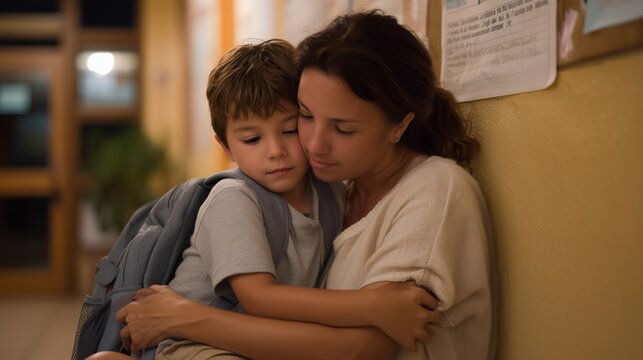 Rain-soaked elementary school hallway where bilingual aide kneels beside shy ESL student clutching backpack, Spanish language poster visible on wall, immigrant child first day anxiety, public school