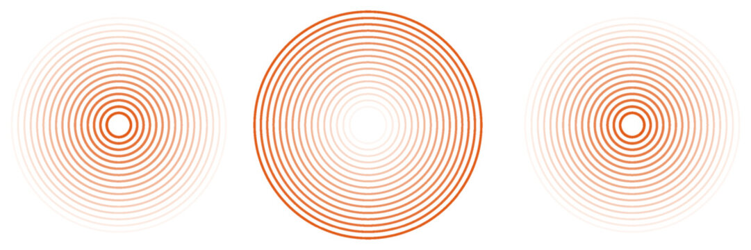 Red concentric ripple circles set. Sonar or sound wave rings collection. Epicentre, target, radar icon concept. Radial signal or vibration elements.