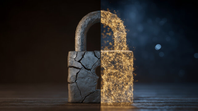 Before and after split-screen concept: cracked analog lock on left, glowing quantum encryption lattice visualization on right, studio flat lighting, cybersecurity upgrade narrative, network protecti