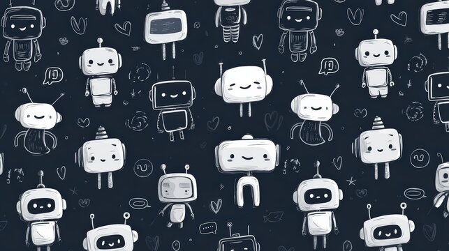 Cute, hand-drawn white robots with various expressions and poses on a dark background, surrounded by small doodles like hearts and speech bubbles, kid friendly black AI background