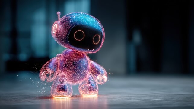 A glowing, futuristic robot with a holographic, wireframe design stands on a reflective surface in a dark, blurred background, kid friendly black AI background