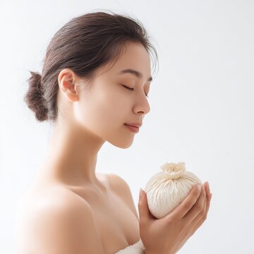 Relaxing woman holding herbal compress spa retreat wellness calm atmosphere close-up view self-care concept