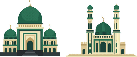 Islamic mosque buildings with domes and minarets, traditional architecture for religious worship and cultural heritage themes © MdSayed