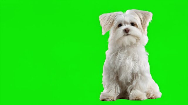 Maltese dog green screen. Bichon Frise sitting and turning his head on a Green Screen, Chroma Key. Cute fluffy white dog