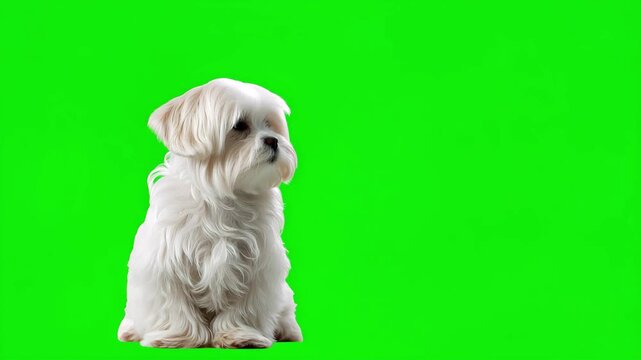Maltese dog green screen. Bichon Frise sitting and turning his head on a Green Screen, Chroma Key. Cute fluffy white dog