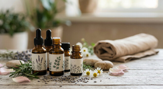 Essential oil bottles with natural herbs as a concept of aromatherapy, herbal medicine, and natural care.