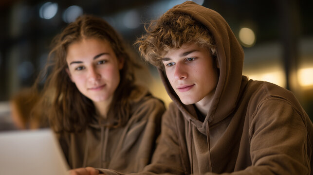 Two graduate students in hooded sweatshirts huddled over printed quantum random number generation test results at rain-streaked library window, night session, university research, probability theory